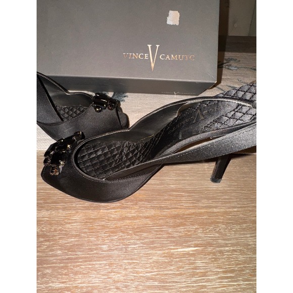 Vince Camuto Slingback Heels Rhinestone‎ Embellished Peep Toe Black Satin 7M - Picture 1 of 9